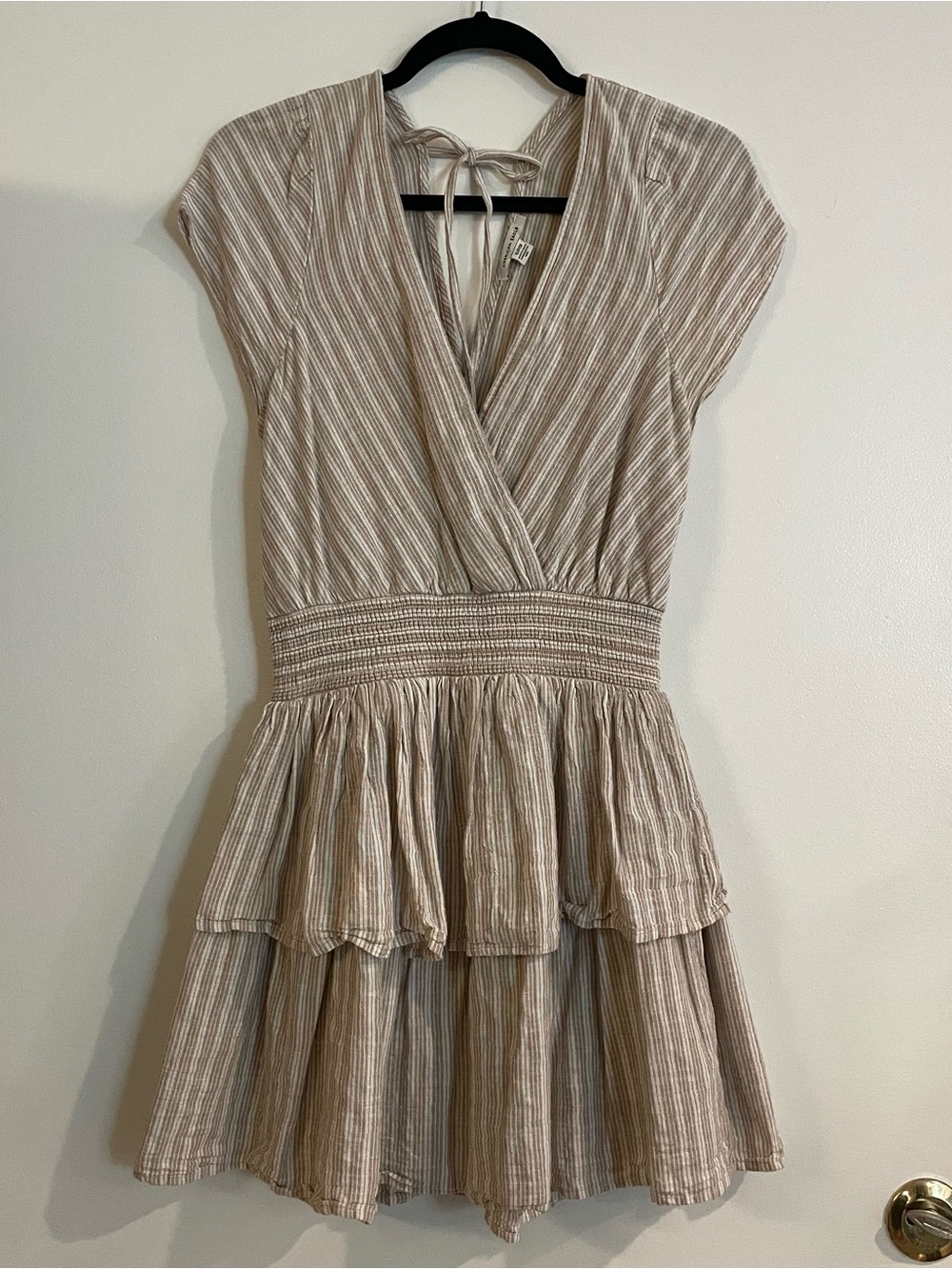 American Eagle Outfitters Linen Beige & White Striped Tiered V-Neck Mini Dress